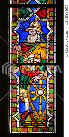 Saint Constantine, stained glass window in the Basilica di Santa Croce (Basilica of the Holy Cross) - famous Franciscan church in Florence, Italy 136852604