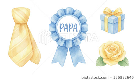 父親節水彩圖示集，包含黃色玫瑰和領帶。 136852646