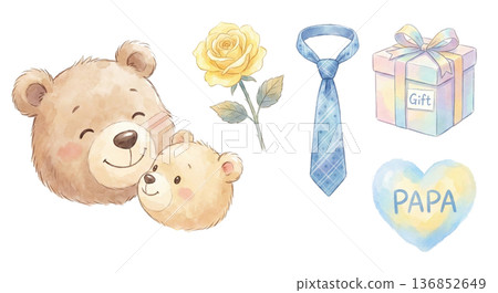 Father's Day watercolor cutouts of a mother and her baby bear and their gifts Father's Day watercolor cutouts of a mother and her baby bear and their gifts 136852649