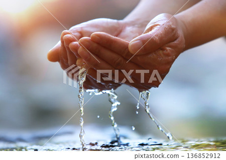 Precious water of life, World Water Day background, drink clear, clean water in your hand. 136852912