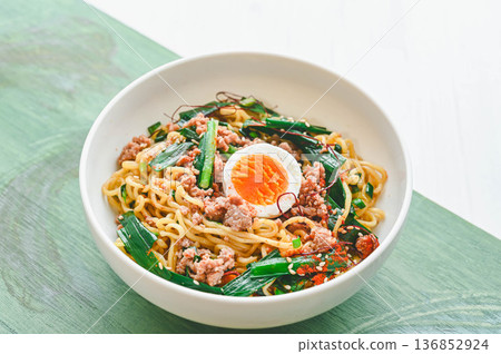 Chive Mazesoba topped with egg and minced meat 136852924