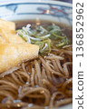 Close-up of Kitsune Soba, a warm Japanese dish with deep-fried tofu and green onions 136852962