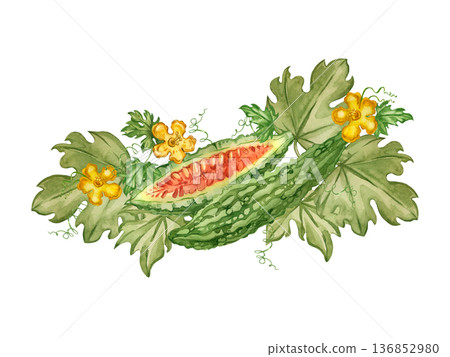 Bitter melon with leaves and vines, a healthy superfood. Hand-painted watercolor illustration on the theme of cooking and traditional medicine. Suitable for printing on food packaging and menus. Bitter melon with leaves and vines, a healthy superfood. Hand-painted watercolor illustration on the theme of cooking and traditional medicine. Suitable for printing on food packaging and menus. 136852980