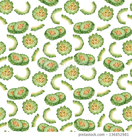 A seamless watercolor pattern of bitter melon, cucumber slices, and juice splashes, hand-painted. Healthy eating concept for textile design, food packaging, and recipes. 136852981