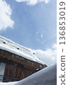 Snow-covered thatched roofs of Gassho-style houses and icicles in winter scenery under a blue sky 136853019