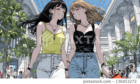 Young woman walking around a shopping mall with her female friend 136853272