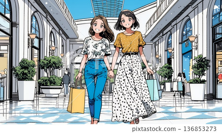 Young woman walking around a shopping mall with her female friend 136853273