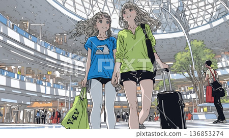一位年輕女子和她的女性朋友在購物中心閒逛。 136853274