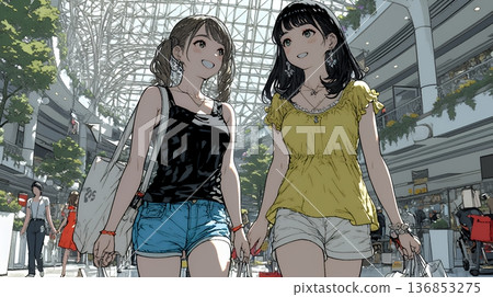 Young woman walking around a shopping mall with her female friend 136853275