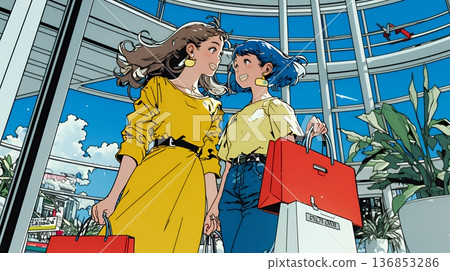 一位年輕女子和她的女性朋友在購物中心閒逛。 136853286