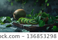 Fresh sliced kiwi with mint leaves on rustic wooden board, dark moody background, healthy food 136853298