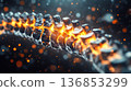 Abstract human spine with glowing orange heat or energy between the vertebrae, symbolizing back pain 136853299