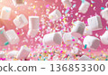 Floating marshmallows with colorful confetti on pink background, festive sweet celebration concept 136853300