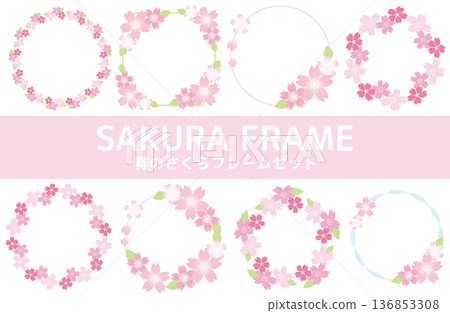 Multi-shape frame set featuring pale cherry blossom flowers and young leaves. Pastel colored cherry blossom decorative vector material for spring design. 136853308
