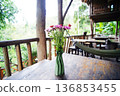 Close up blooming fresh pink flowers branch in green ceramic vase decorated on wooden table in vintage house of Thailand 136853455