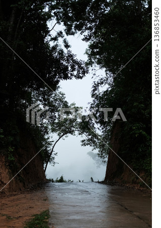Beautiful silhouette of mountains and a road wet after the rain 136853460