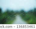 Rain drops on rainy day outside of window glass with blurred green nature background 136853461