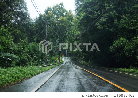 Winding mountain road passes through lush tropical forest on a rainy day in Thailand 136853462