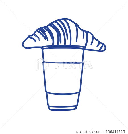 Linear blue drawing of a croissant on a paper takeaway coffee cup. Minimalist outline sketch 136854225