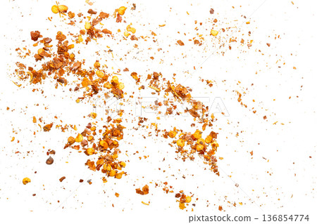 dried red chili pepper flakes and seeds isolated on white background 136854774