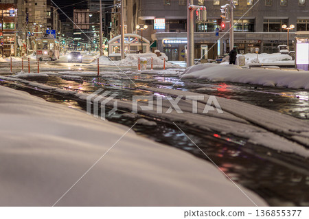 Beautifully repainted snowscape in front of Toyama Station amid heavy snowfall, and the tram running safely 136855377
