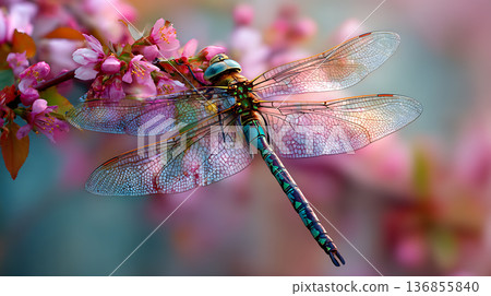 Iridescent dragonfly resting on a spring flower 136855840