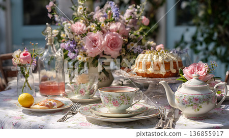 一套裝飾精美的花卉瓷質下午茶具，描繪了春日花園的優雅景象。 136855917