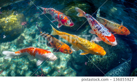 Colorful Nishikigoi carp swimming gracefully in a garden pond in spring 136855927
