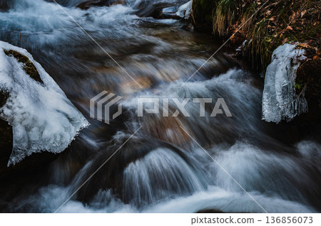 Meltwater river and spray ice [Azumino] 136856073