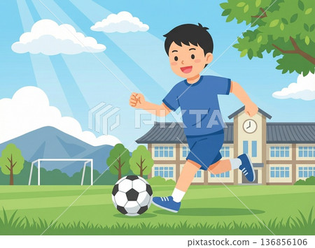 插圖描繪了一名小學生在操場上運球踢足球的場景。 136856106