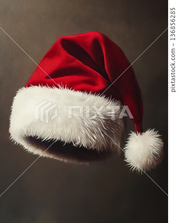 Red Santa hat with white fur trim displayed against a dark textured background, evoking the festive spirit of Christmas and New Year celebrations 136856285