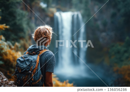 Solo traveler admiring waterfall in lush forest setting during summer Solo traveler admiring waterfall in lush forest setting during summer 136856286