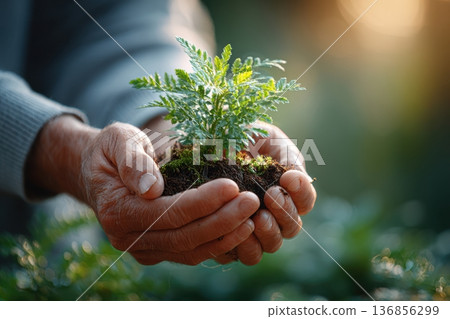 Hands holding young tree seedling with sunlight filtering through foliage 136856299