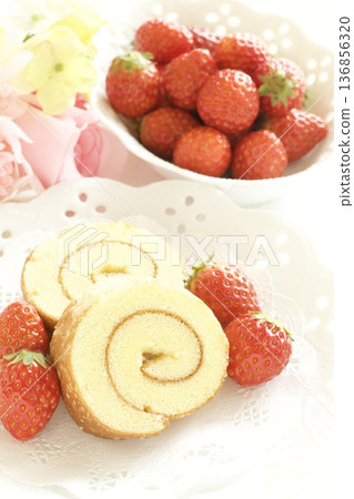 Strawberries and roll cake Strawberries and roll cake 136856320