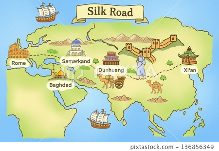 illustration of history and trading, Ancient Silk Road, silk trade with China, The Silk Road was a network of trade routes connecting China and the Far East with the Middle East and Europe illustration of history and trading, Ancient Silk Road, silk trade with China, The Silk Road was a network of trade routes connecting China and the Far East with the Middle East and Europe 136856349