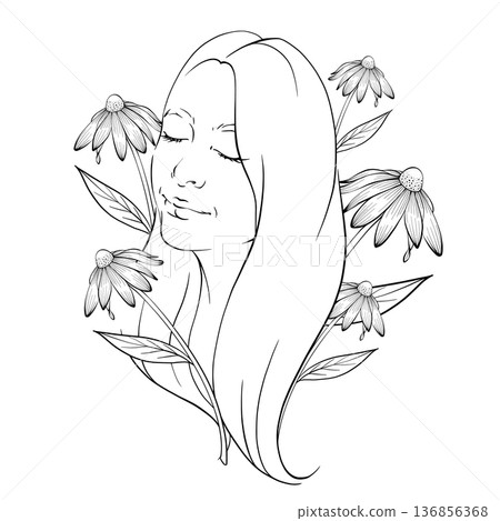 Vector Floral Woman Line Art Illustration 136856368