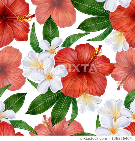 Tropical Hibiscus Plumeria Seamless Pattern 136856404