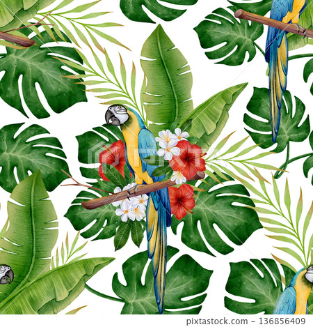 Tropical Parrot Leaves Seamless Pattern 136856409