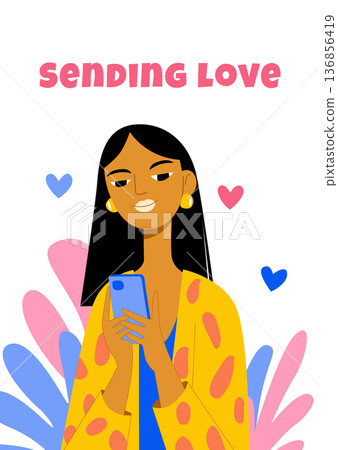 Sending Love Modern Woman Texting Online Vector Illustration. Sending Love Modern Woman Texting Online Vector Illustration. 136856419