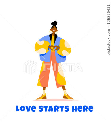 Love Starts Here. Self Love and Inner Peace Flat Vector Illustration. Woman Making Heart Gesture 136856431