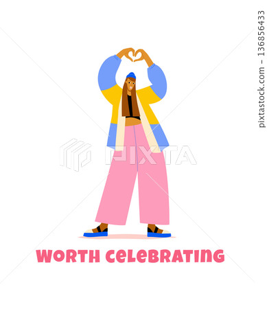 Worth Celebrating. Self Love and Inner Peace Flat Vector Illustration. Woman Making Heart Gesture Worth Celebrating. Self Love and Inner Peace Flat Vector Illustration. Woman Making Heart Gesture 136856433