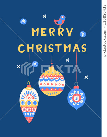 Merry Christmas Folk Art Card, Scandinavian Winter Illustration with Ornaments and Bird Merry Christmas Folk Art Card, Scandinavian Winter Illustration with Ornaments and Bird 136856435