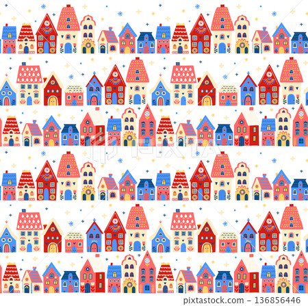 Scandinavian Winter Village seamless pattern, Cozy Folk Art Houses Illustration Scandinavian Winter Village seamless pattern, Cozy Folk Art Houses Illustration 136856446