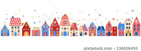 Scandinavian Winter Village seamless border pattern, Cozy Folk Art Houses Illustration Scandinavian Winter Village seamless border pattern, Cozy Folk Art Houses Illustration 136856450