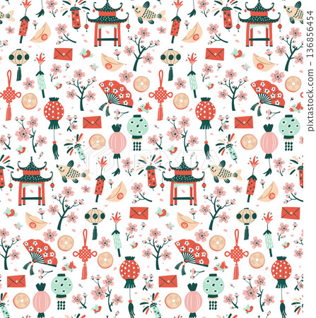 Spring Blossom Festival seamless pattern, Lanterns, Sakura, and Fireworks Illustration Spring Blossom Festival seamless pattern, Lanterns, Sakura, and Fireworks Illustration 136856454