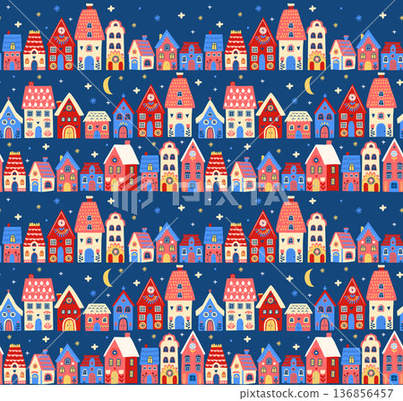 Scandinavian Winter Village Seamless Pattern, Cozy Folk Art Houses 136856457