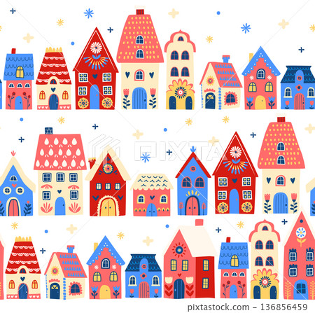 Scandinavian Winter Village seamless pattern, Cozy Folk Art Houses Illustration 136856459