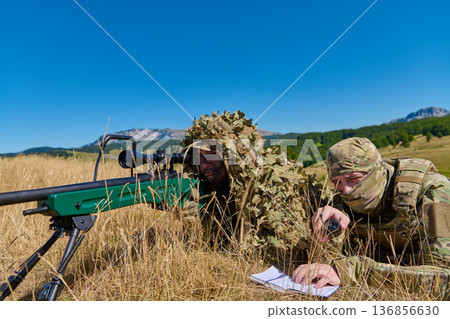 Sniper and Spotter Soldiers in Camouflage Lying in Field With Precision Rifle During Training Sniper and Spotter Soldiers in Camouflage Lying in Field With Precision Rifle During Training 136856630