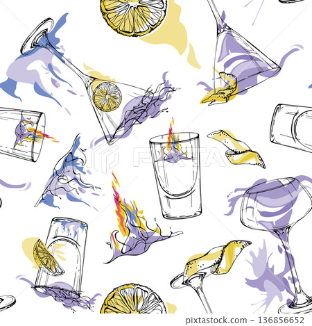 Vector seamless pattern of violet Aviation cocktails, burning flames flare with bright lemon accents. Hand drawn repeat for textiles, beverages packaging, bar decor, scrapbooking and mixology boards Vector seamless pattern of violet Aviation cocktails, burning flames flare with bright lemon accents. Hand drawn repeat for textiles, beverages packaging, bar decor, scrapbooking and mixology boards 136856652