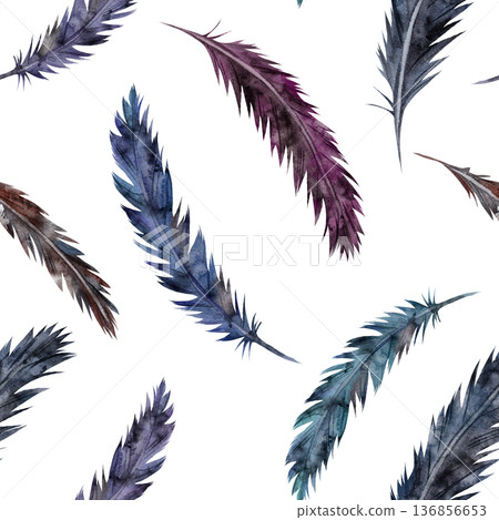 Seamless watercolor pattern of realistic illustrations of dark bird feathers on white background, hand-drawn. For mystical textile design, esoteric, magic and nature wallpaper 136856653